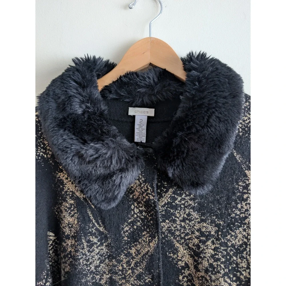Chicos Black Gold Metallic Print Faux‎ Fur Collar Cardigan Sweater Jacket Sz L 2